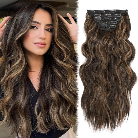 Clip in Hair Extensions 20 Inch 5Pcs Dark Brown Mix Caramel Blonde Synthetic Wav - Picture 1 of 7